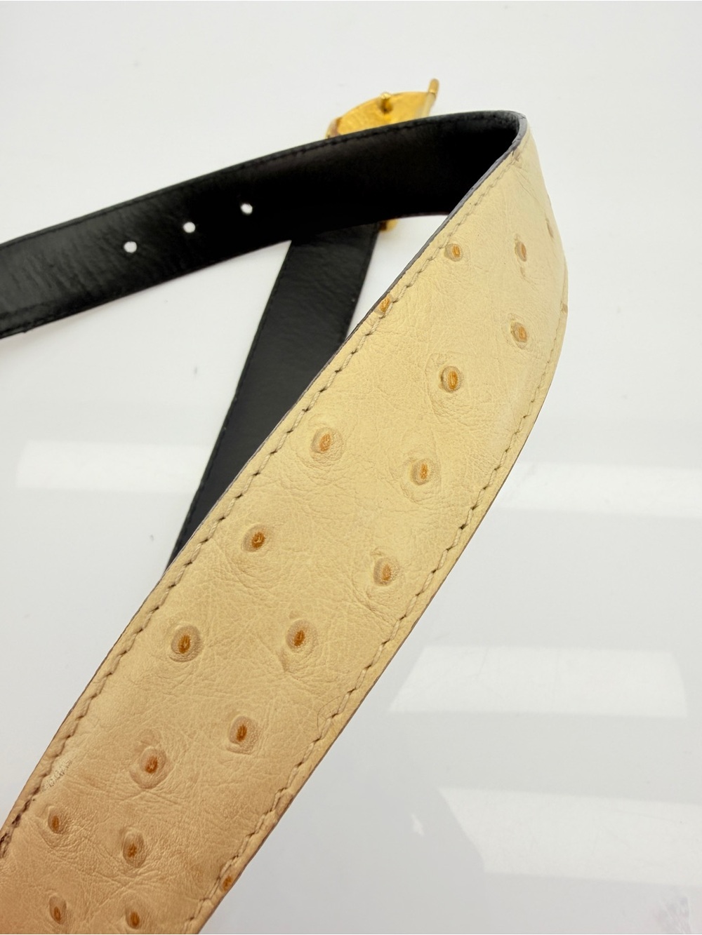 Escada Beige Ostrich-Texture Leather Belt with Gold-Tone Buckle Small - Picture 7 of 9